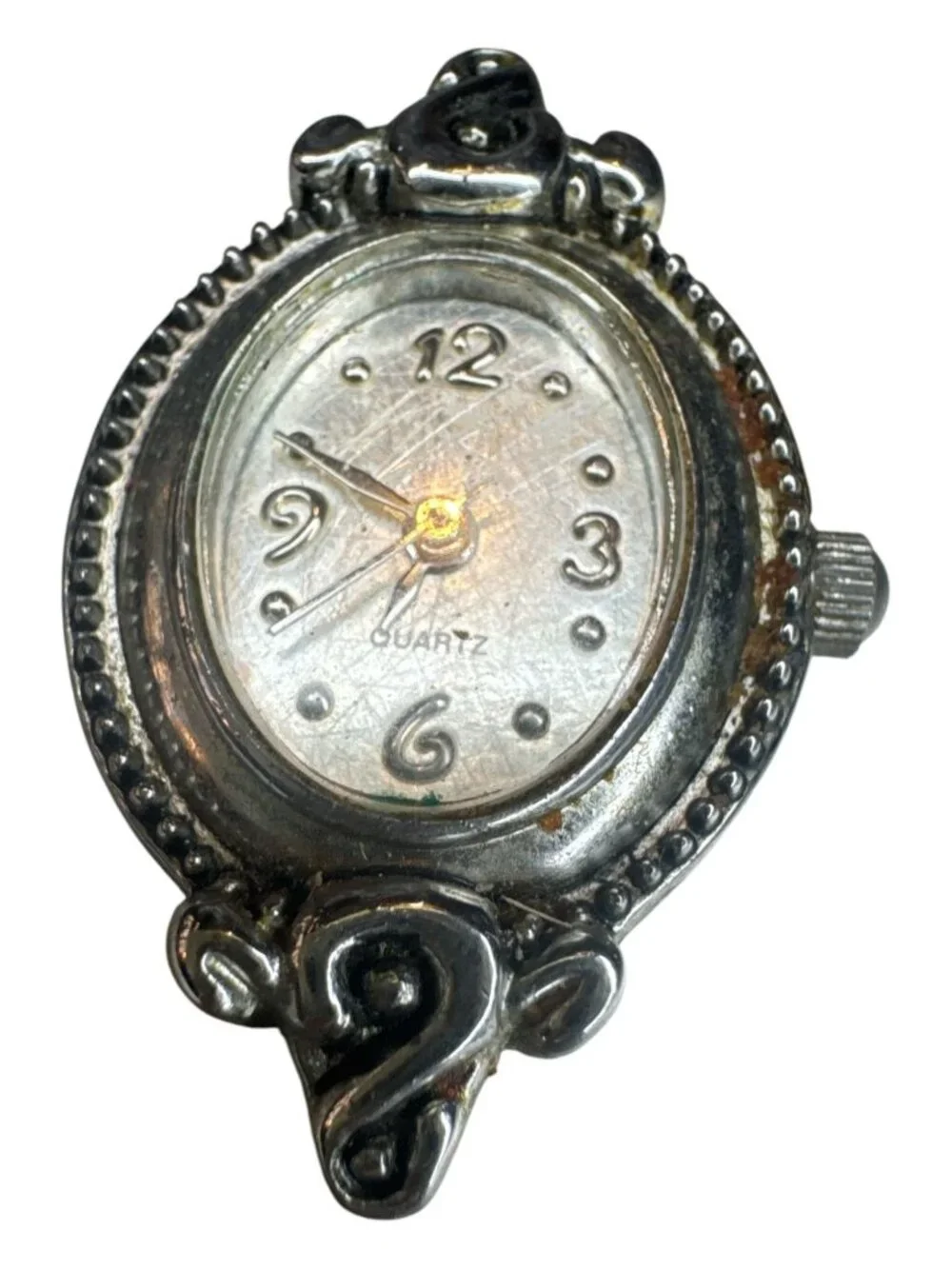 Vintage Quartz Watch Face With Ornate Silver-Tone Frame Stainless Steel Back Jap
